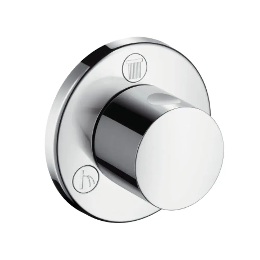 Chromfarbenes Ventil mit runder Knopfoberfläche und zwei Symbolen, hergestellt von Hansgrohe, zur Steuerung von Wasserabfluss und -umstellung.